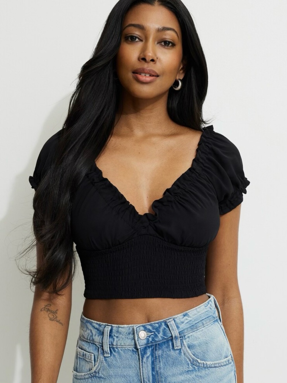 Black Smocked Crop Top